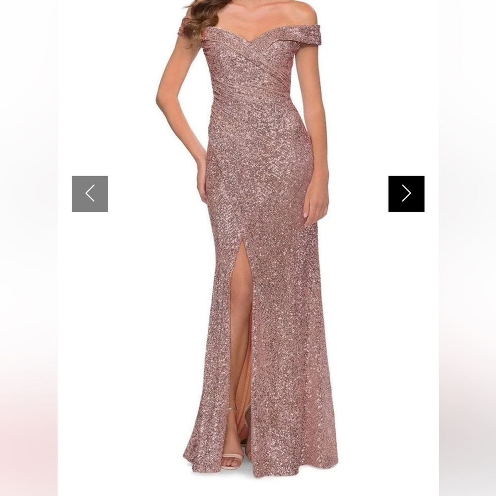 NEW La Femme Off Shoulder High Slit Full Sequin Gown